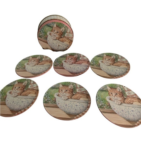 Set‎ of 6 Vintage Cat Coasters in Decorative Tin Great For The Cat Lovers - Picture 3 of 3